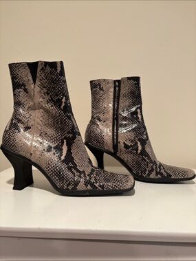 Franco Sarto Gray Snake-Print Ankle Boots